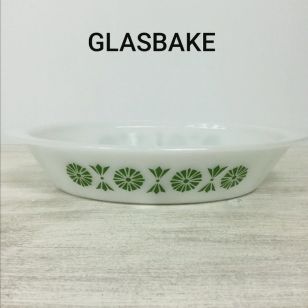 Vintage Glasbake Divided Casserole Dish Green & White